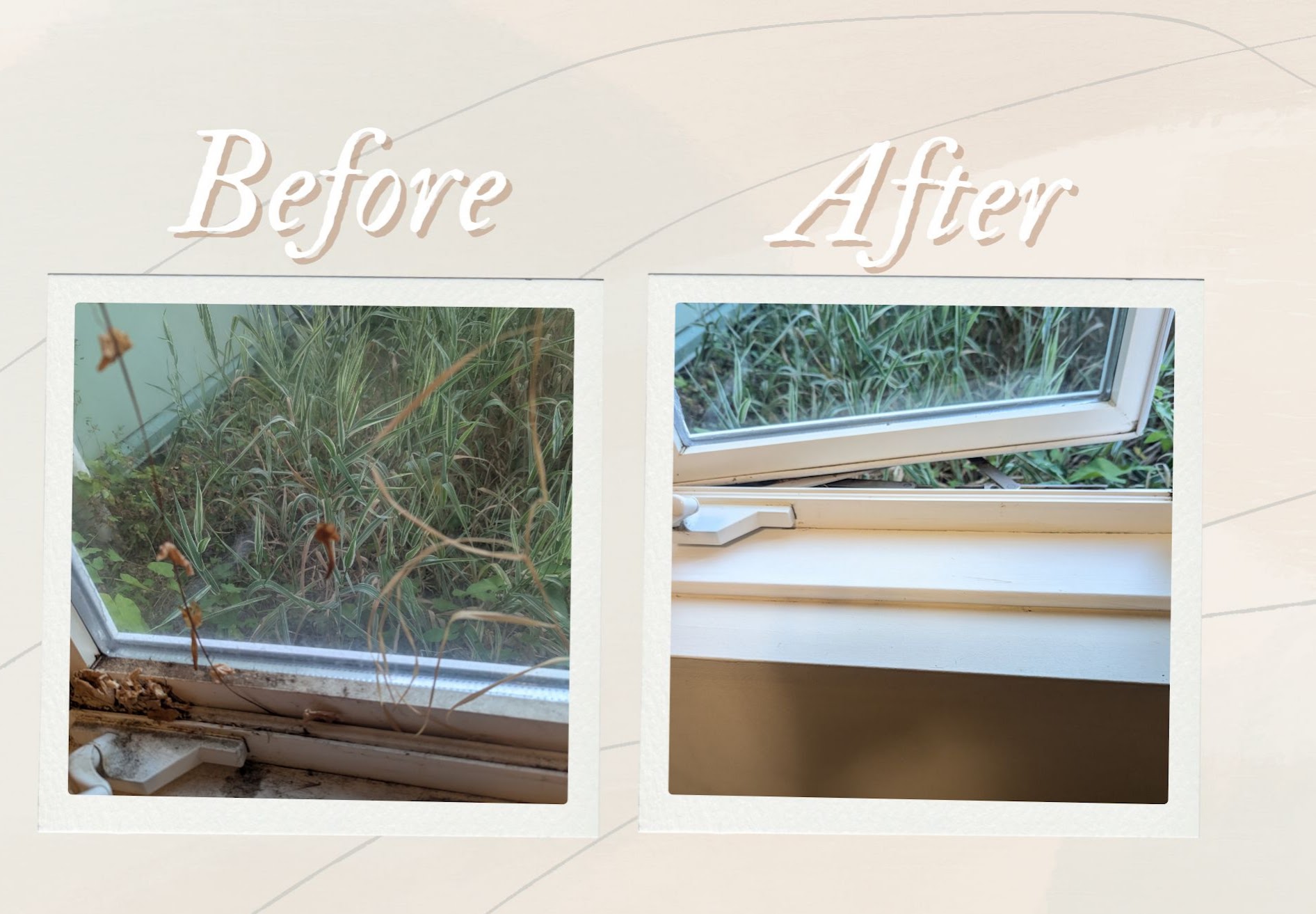 Before and after window sill cleaning